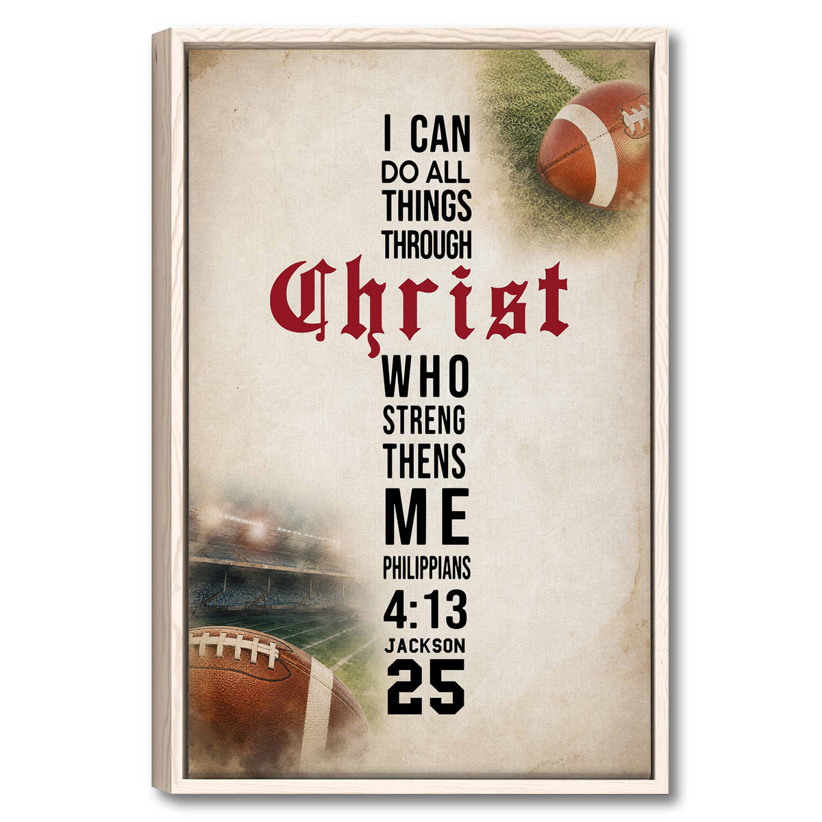 Framed football wall art with a faith-inspired message, stadium scene, and vintage brown and cream design