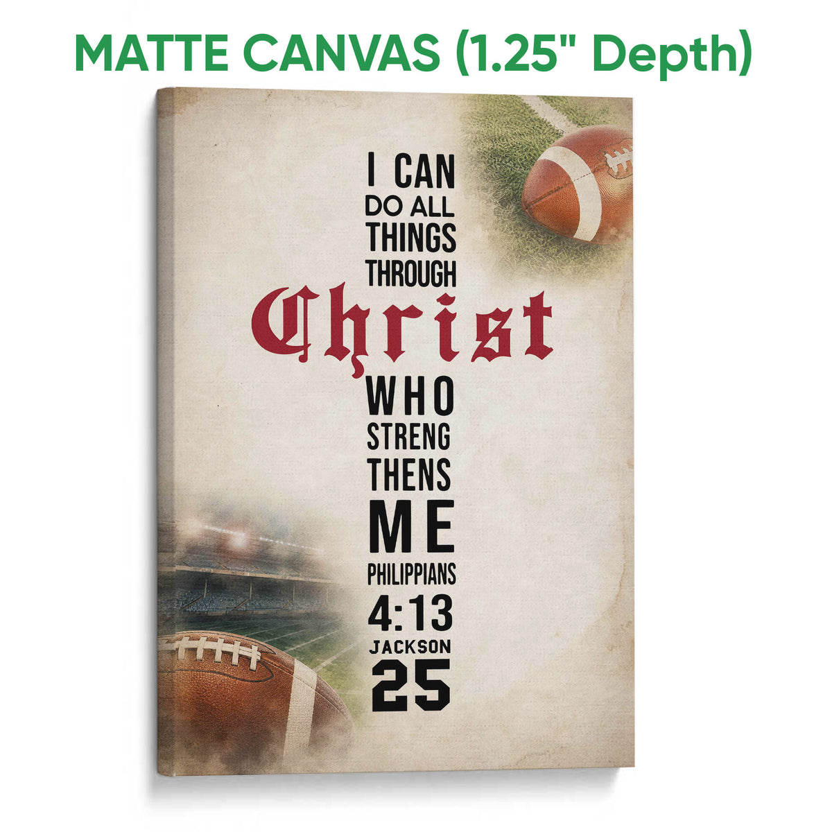 Matte canvas football wall art with a faith-inspired message, vintage stadium imagery, and football detail