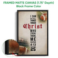 Framed matte canvas football wall art shown with a black frame and close-up view of the frame depth
