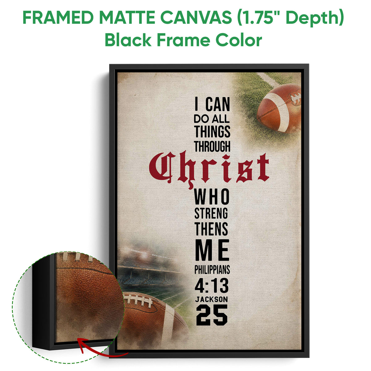 Framed matte canvas football wall art shown with a black frame and close-up view of the frame depth