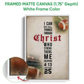 Framed matte canvas football wall art shown with a white frame and close-up view of the frame edge