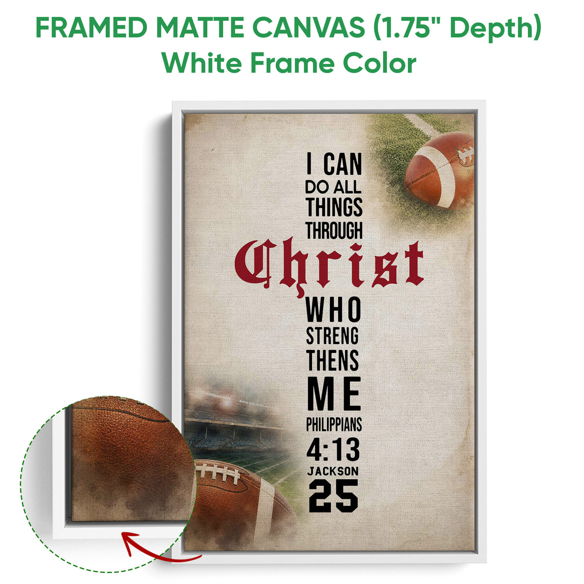 Framed matte canvas football wall art shown with a white frame and close-up view of the frame edge