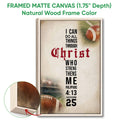 Framed matte canvas football wall art shown with a natural wood frame and close-up frame detail