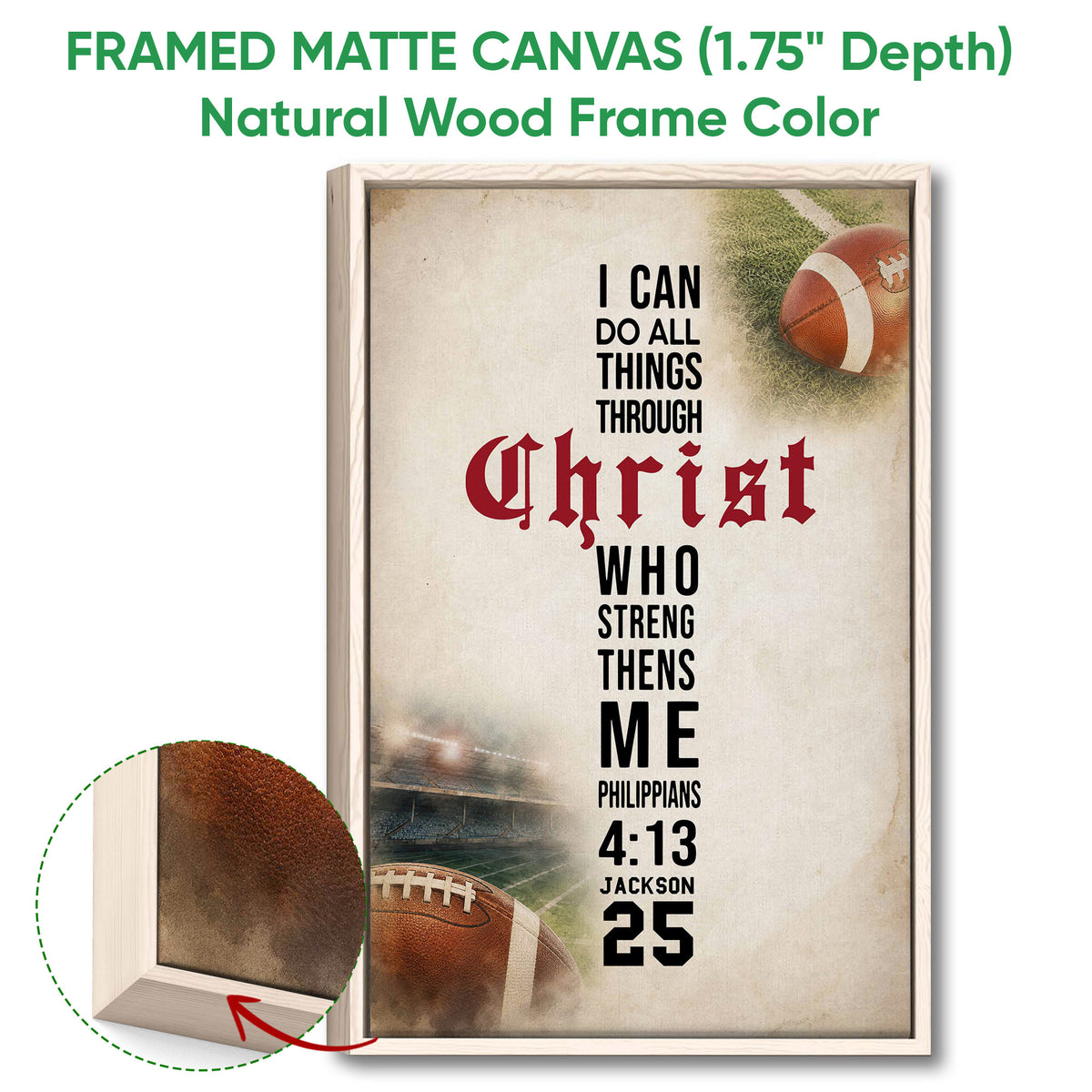 Framed matte canvas football wall art shown with a natural wood frame and close-up frame detail