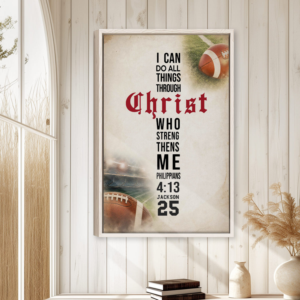 Faith-inspired football wall art displayed in a bright room with white wood paneling and natural decor