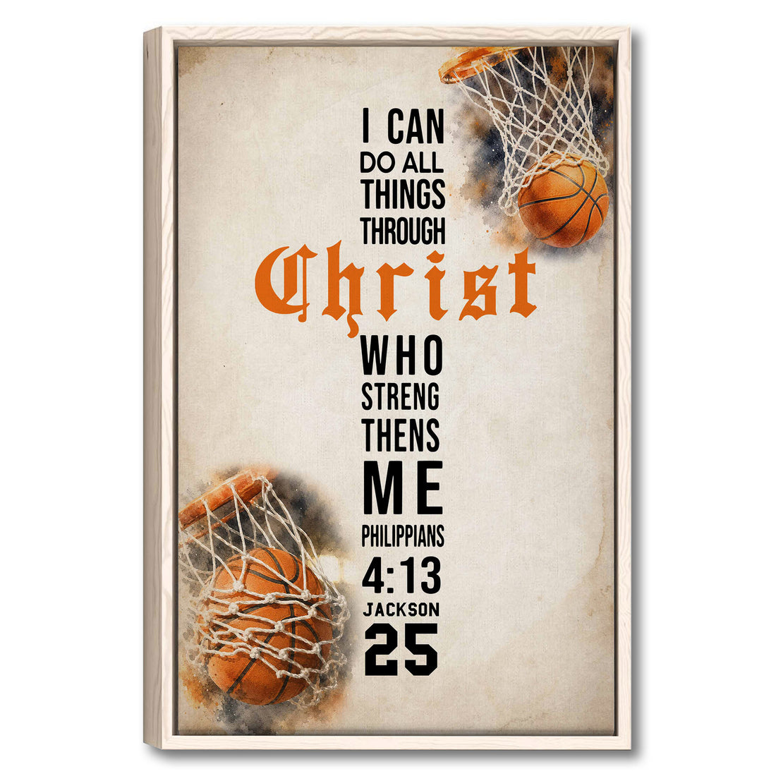 Framed basketball wall art with hoops, an inspirational faith message and orange basketball accents