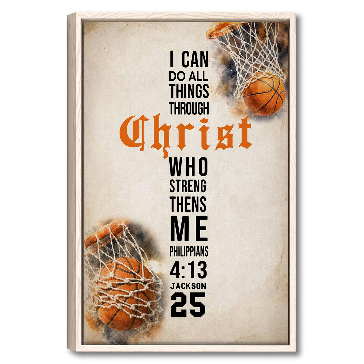Framed basketball wall art with hoops, an inspirational faith message and orange basketball accents