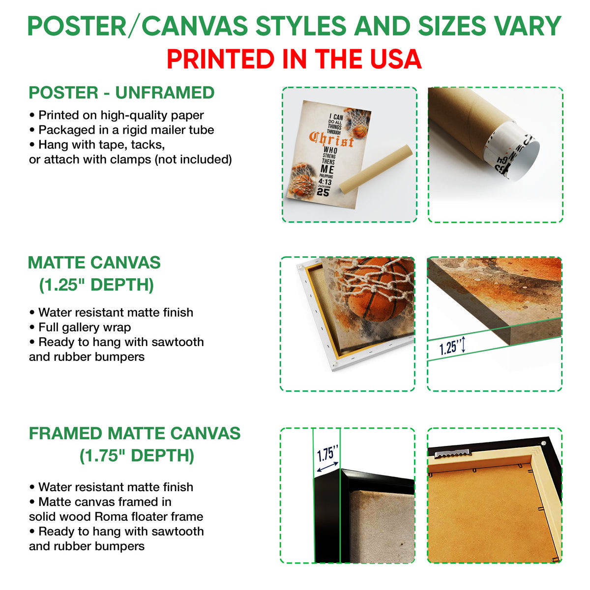 Poster or canvas wall art option guide showing unframed poster, matte canvas and framed canvas formats