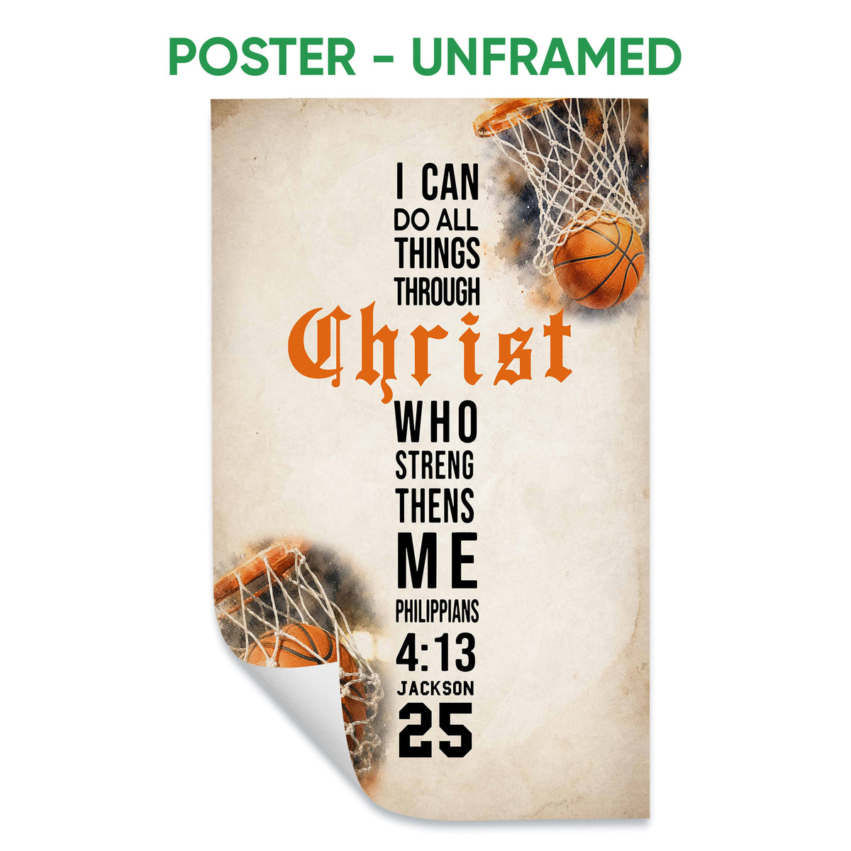 Unframed basketball poster featuring hoops, basketballs and a bold inspirational faith message