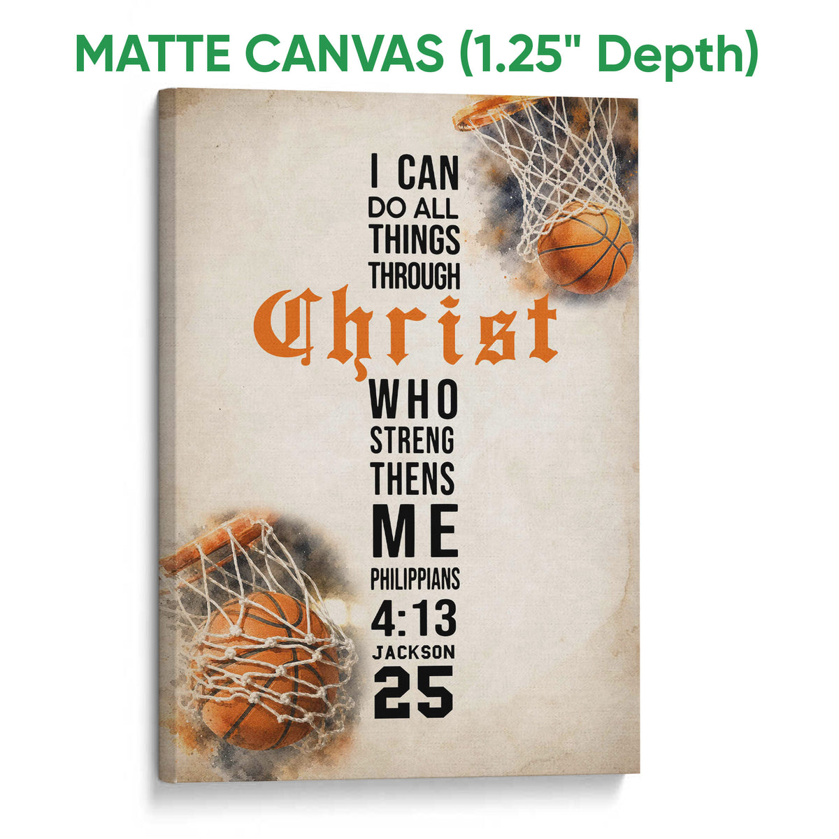 Matte canvas basketball wall art with hoops, basketballs and a distressed inspirational design