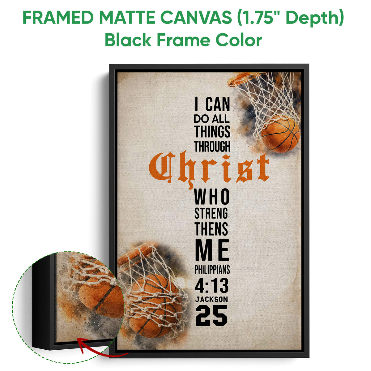 Framed basketball canvas wall art shown with a black frame and close-up canvas detail