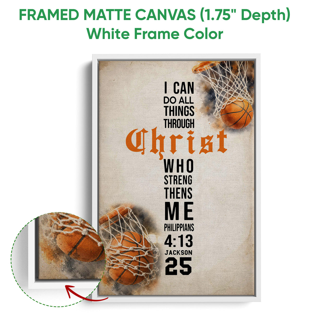 Framed basketball canvas wall art shown with a white frame and close-up artwork detail