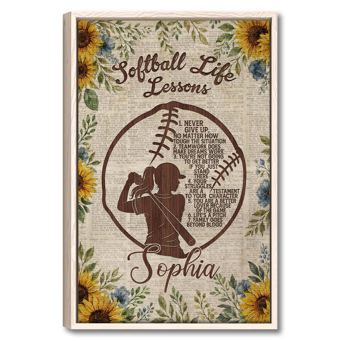 Framed softball wall art with a batter silhouette, sunflower border, vintage dictionary background, and motivational theme