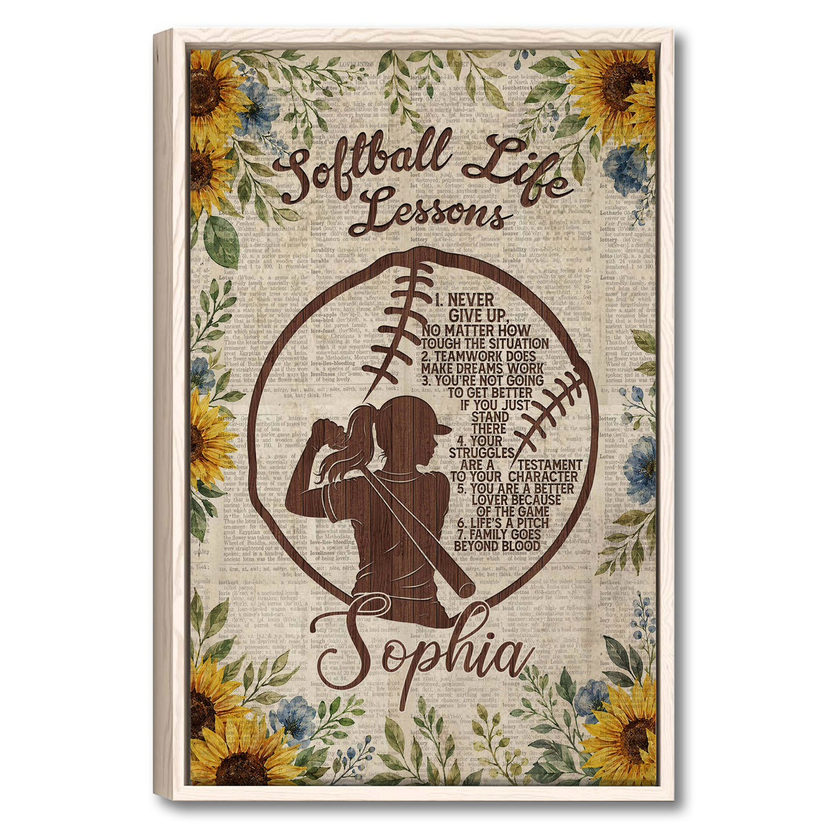 Framed softball wall art with a batter silhouette, sunflower border, vintage dictionary background, and motivational theme