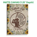 Matte canvas softball wall art with a vintage floral background, batter silhouette, and warm sunflower accents
