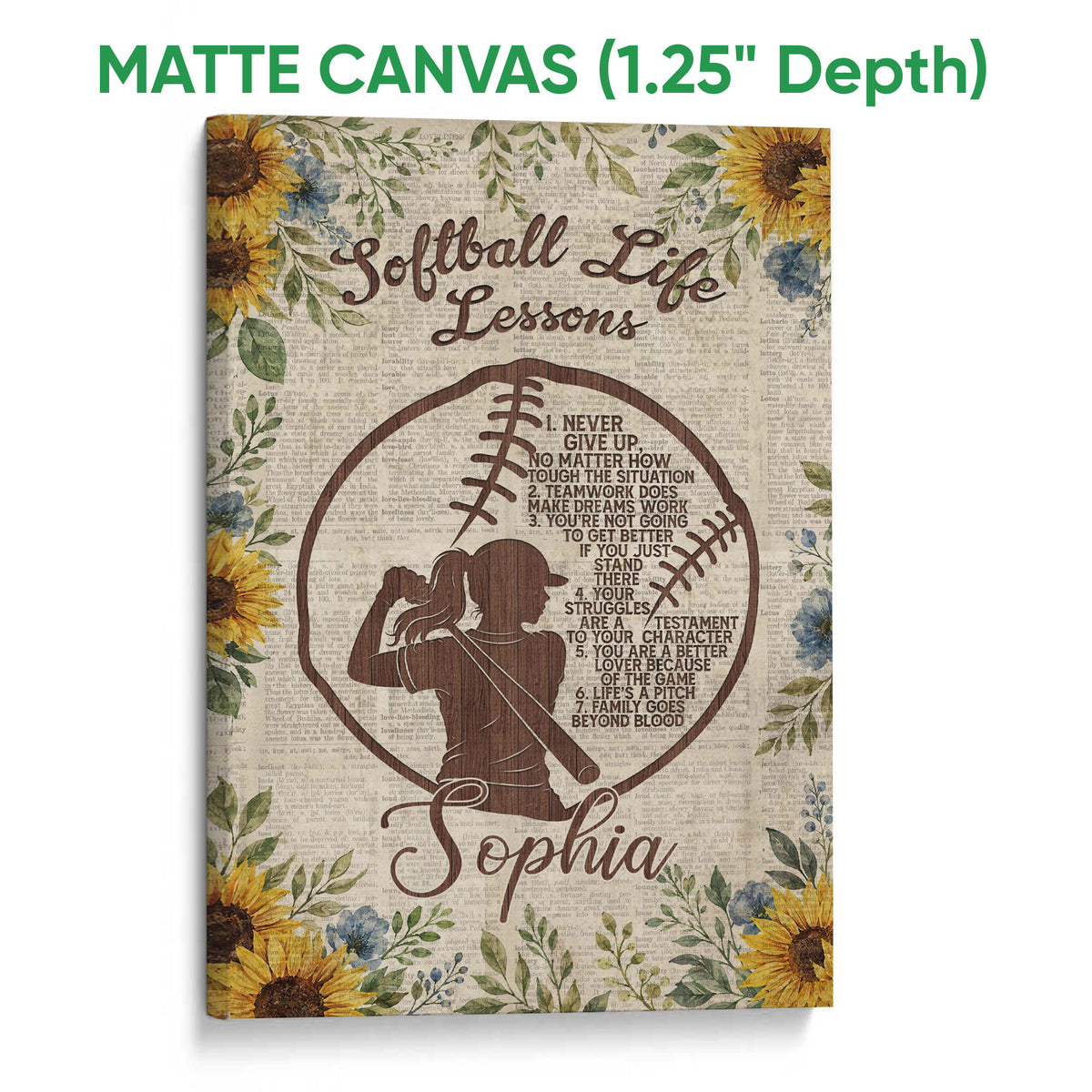 Matte canvas softball wall art with a vintage floral background, batter silhouette, and warm sunflower accents