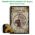 Framed softball canvas wall art shown with a black frame and close-up detail of the sunflower artwork