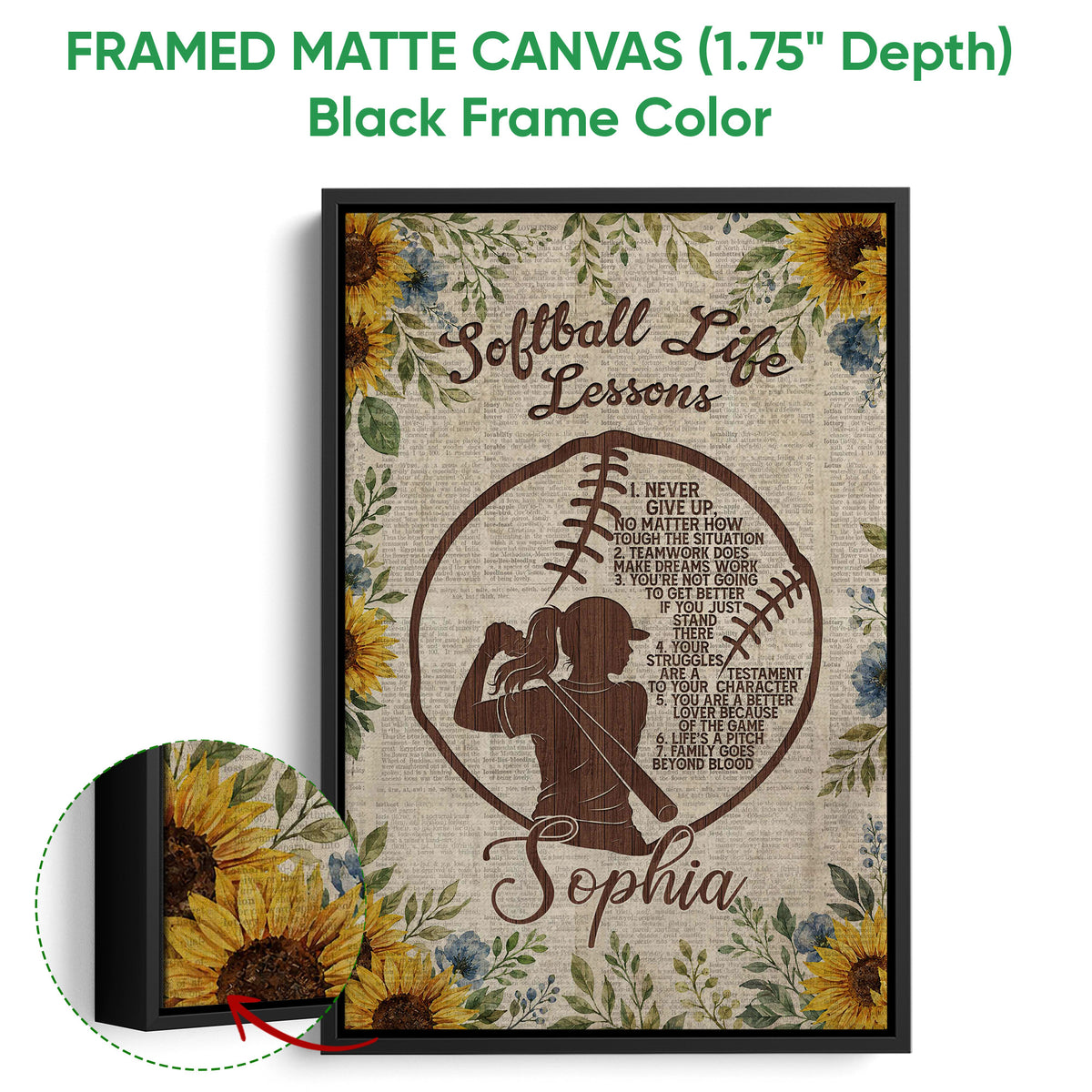 Framed softball canvas wall art shown with a black frame and close-up detail of the sunflower artwork