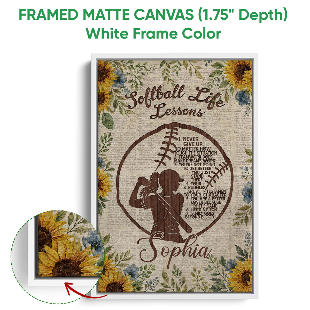 Framed softball canvas wall art shown with a white frame and close-up view of the printed floral design