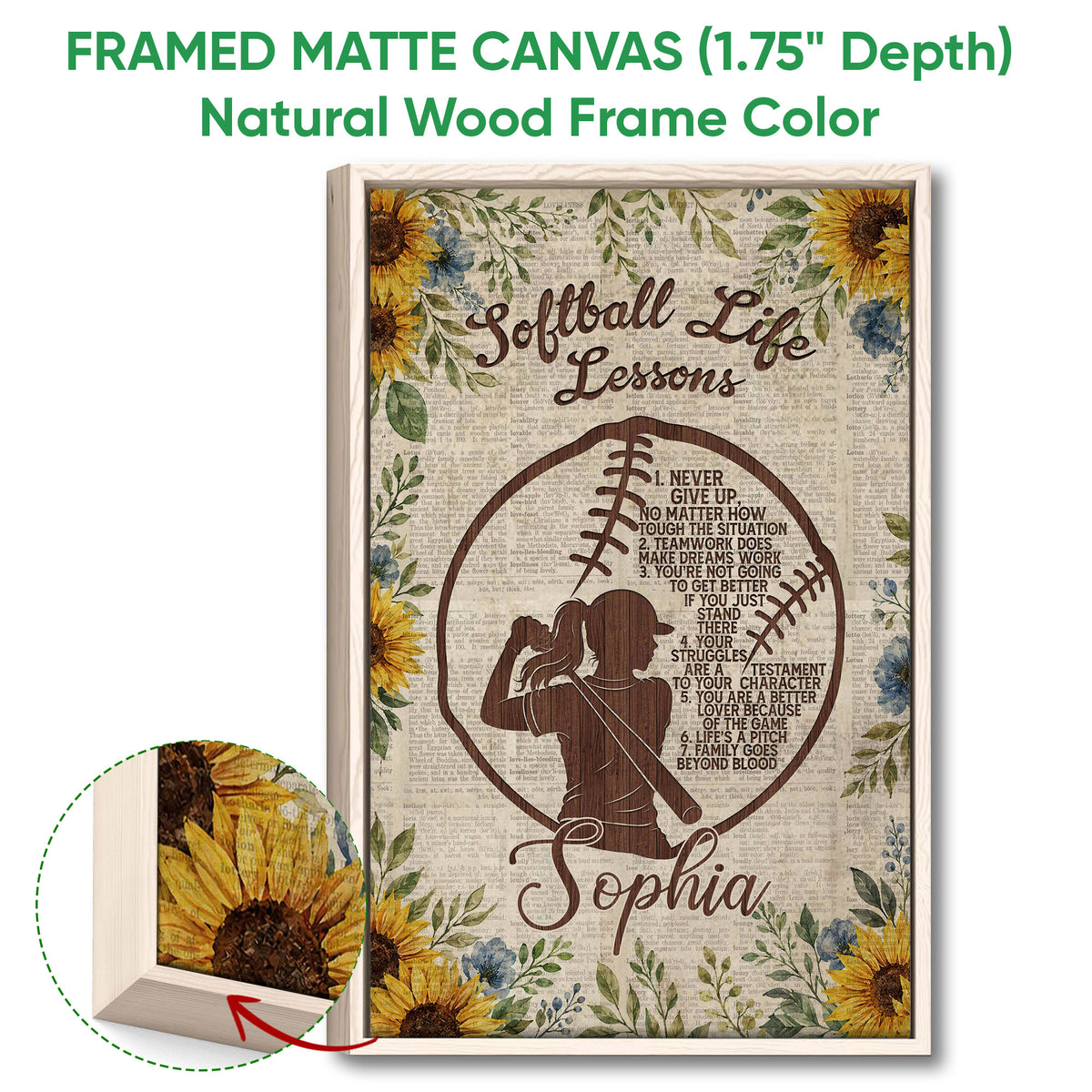 Framed softball canvas wall art shown with a natural wood frame and close-up of the sunflower border