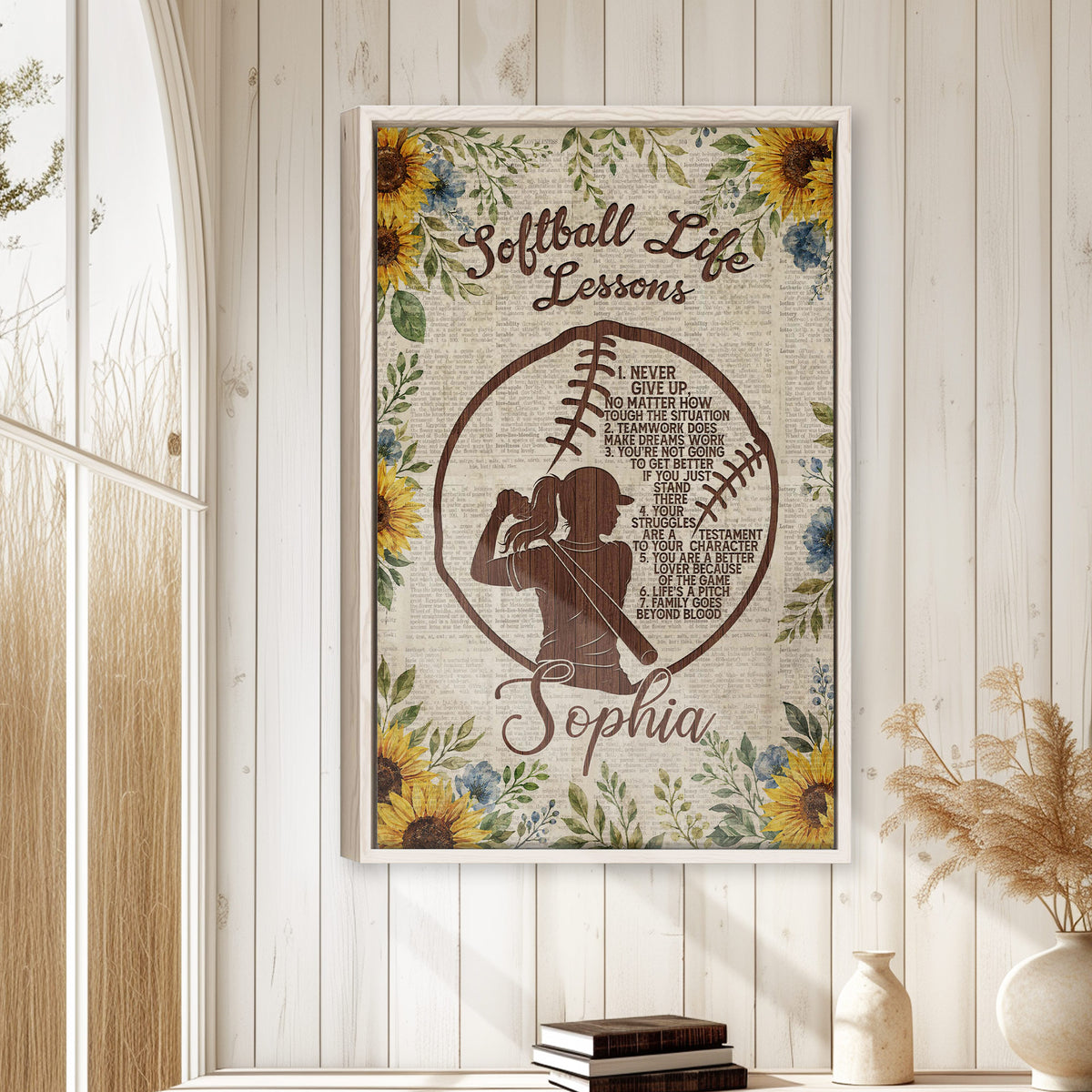 Softball wall art displayed in a bright farmhouse-style room with white wood paneling and natural decor