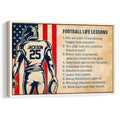 Framed football wall art with a vintage-inspired player illustration, red and navy stripes, and motivational lessons