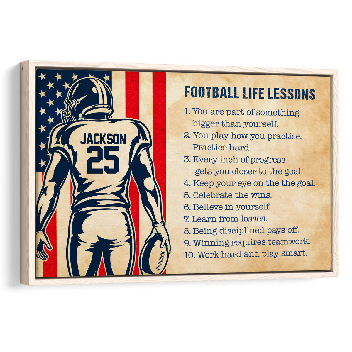 Framed football wall art with a vintage-inspired player illustration, red and navy stripes, and motivational lessons