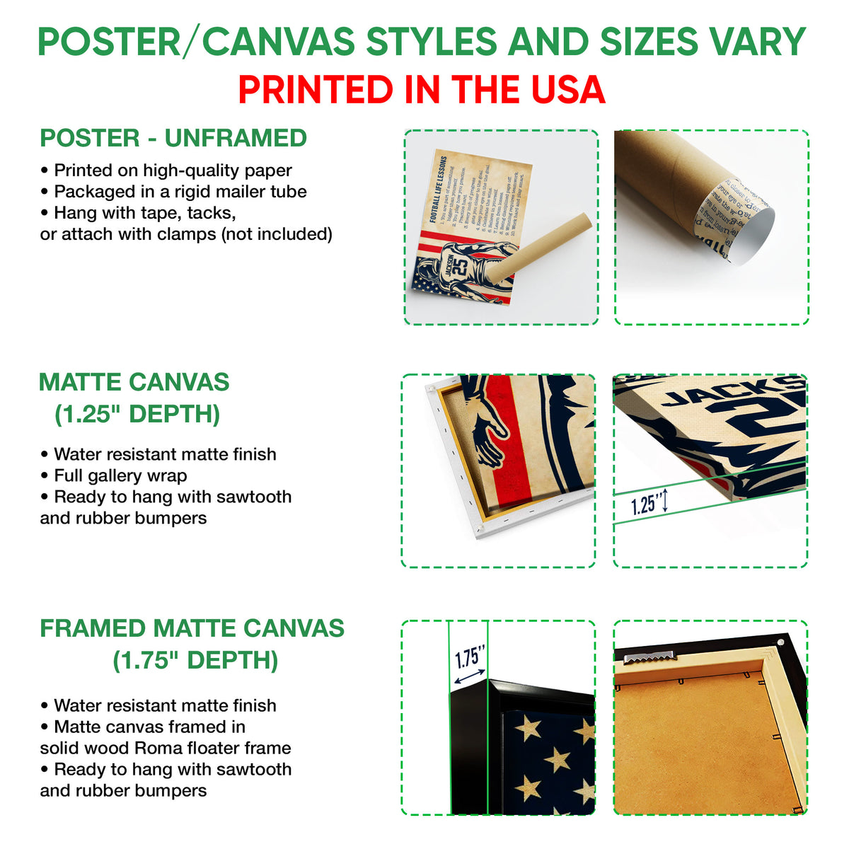 Football wall art format guide showing unframed poster, matte canvas, and framed canvas presentation options