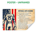 Unframed football poster featuring a helmeted player illustration, flag-inspired stripes, and motivational sports lessons
