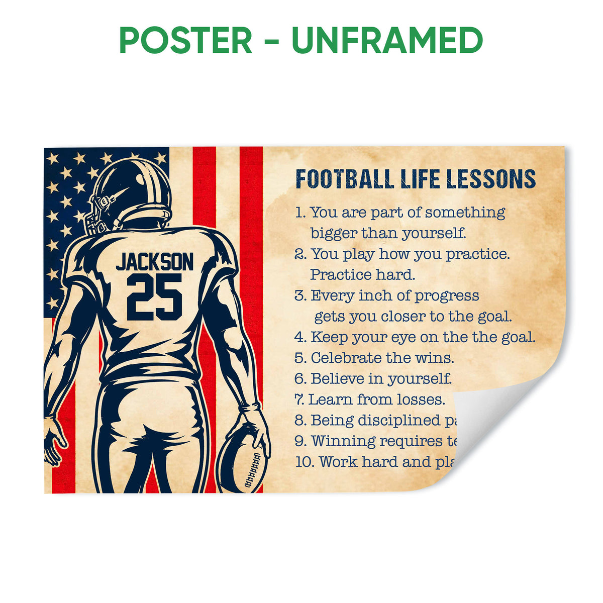 Unframed football poster featuring a helmeted player illustration, flag-inspired stripes, and motivational sports lessons