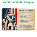 Matte canvas football wall art featuring a vintage-style player illustration and motivational football lessons