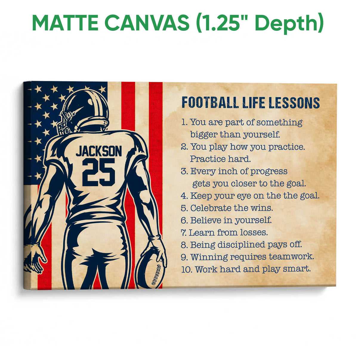 Matte canvas football wall art featuring a vintage-style player illustration and motivational football lessons