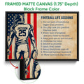 Black framed canvas football wall art with a navy and red player design and inspirational sports lessons