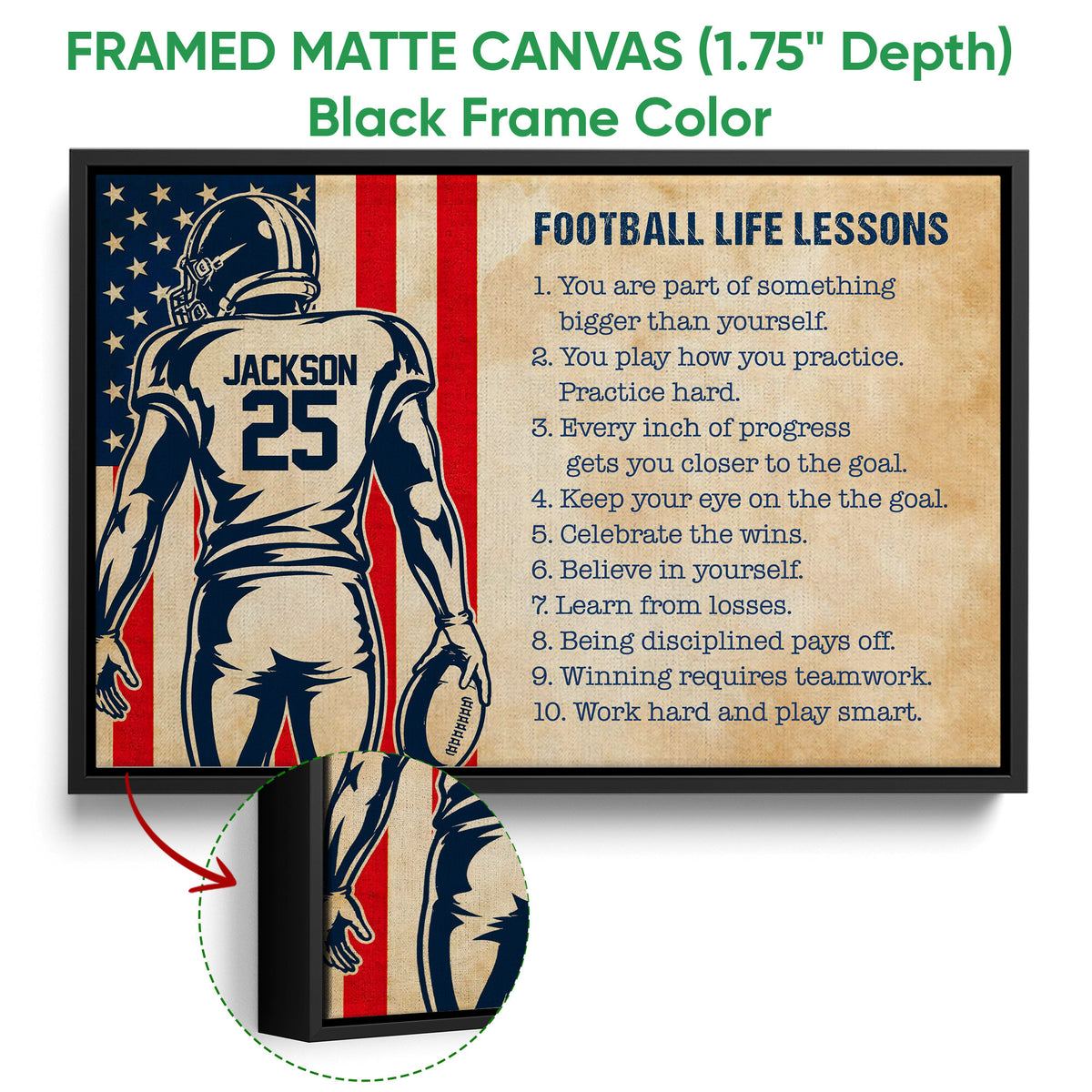 Black framed canvas football wall art with a navy and red player design and inspirational sports lessons