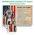 White framed canvas football wall art with a helmeted player illustration and motivational lesson text