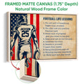 Natural wood framed football wall art with a vintage player graphic and red, navy, and cream colors