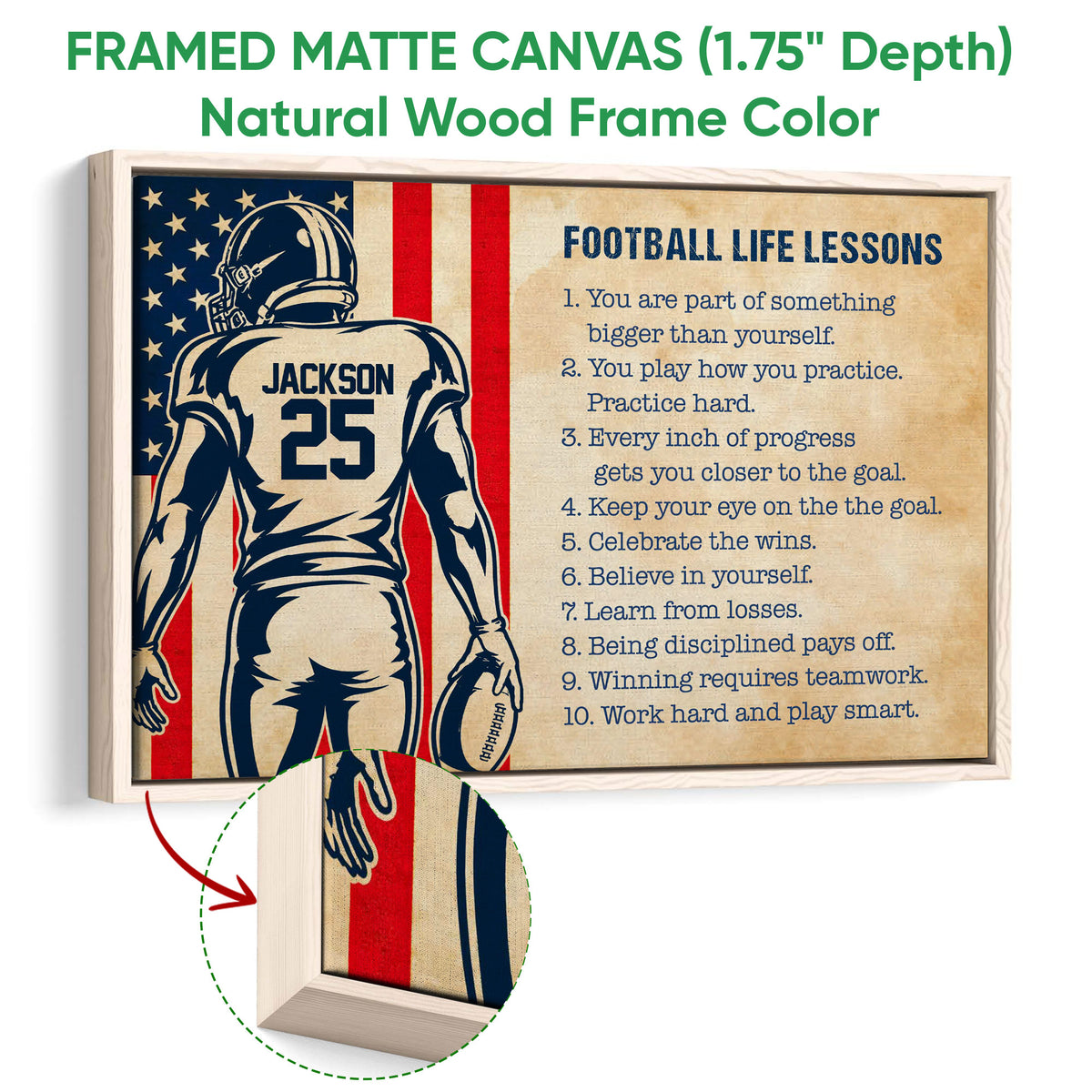 Natural wood framed football wall art with a vintage player graphic and red, navy, and cream colors