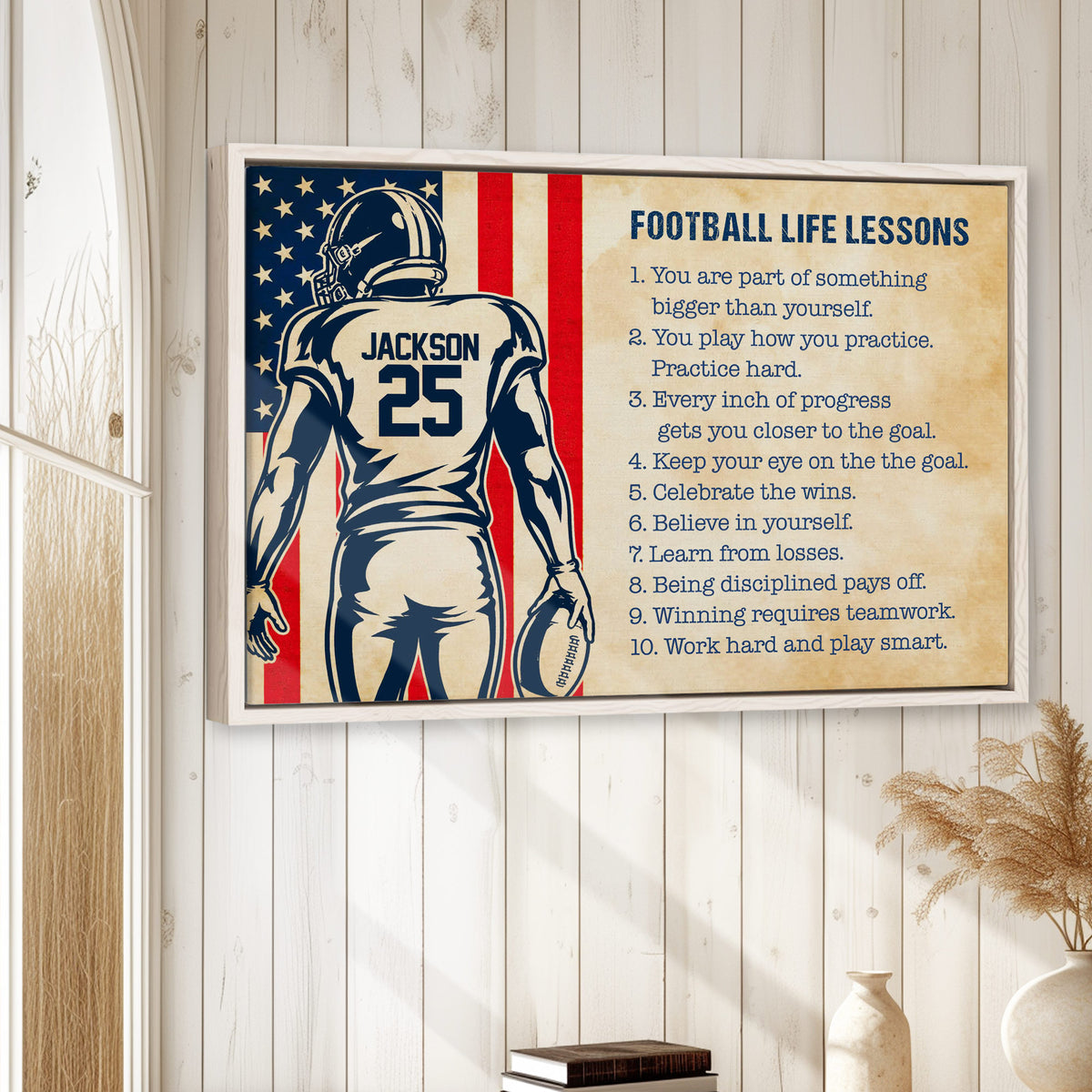 Framed football wall art displayed on a white paneled wall in a bright home interior