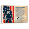 Framed hockey wall art featuring a player silhouette, patriotic colors, and motivational hockey lessons