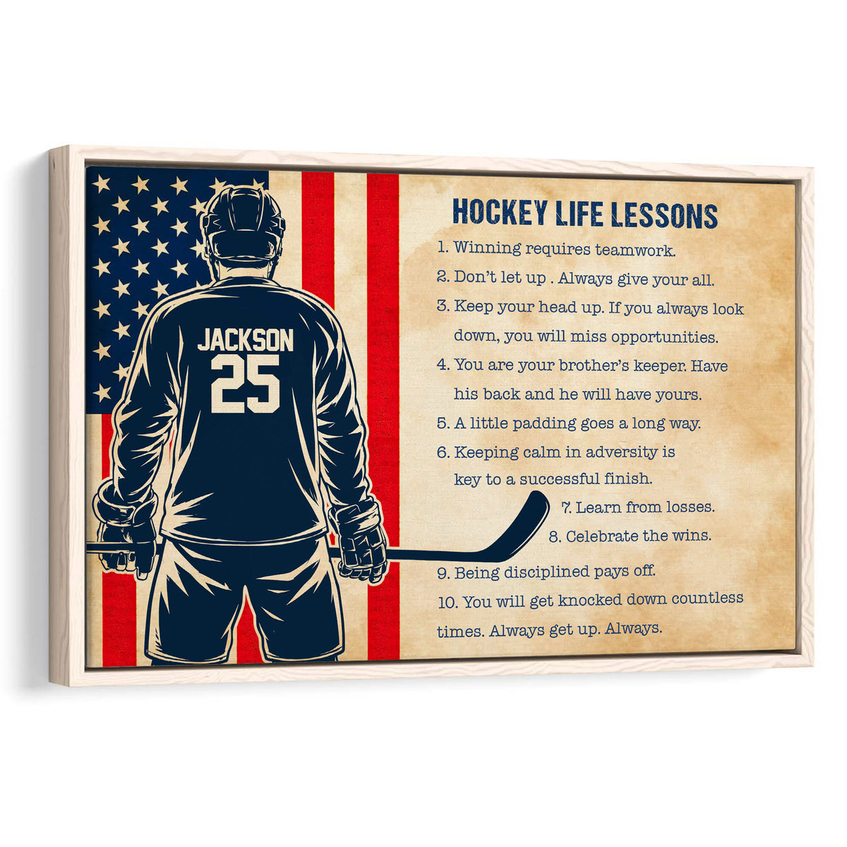 Framed hockey wall art featuring a player silhouette, patriotic colors, and motivational hockey lessons