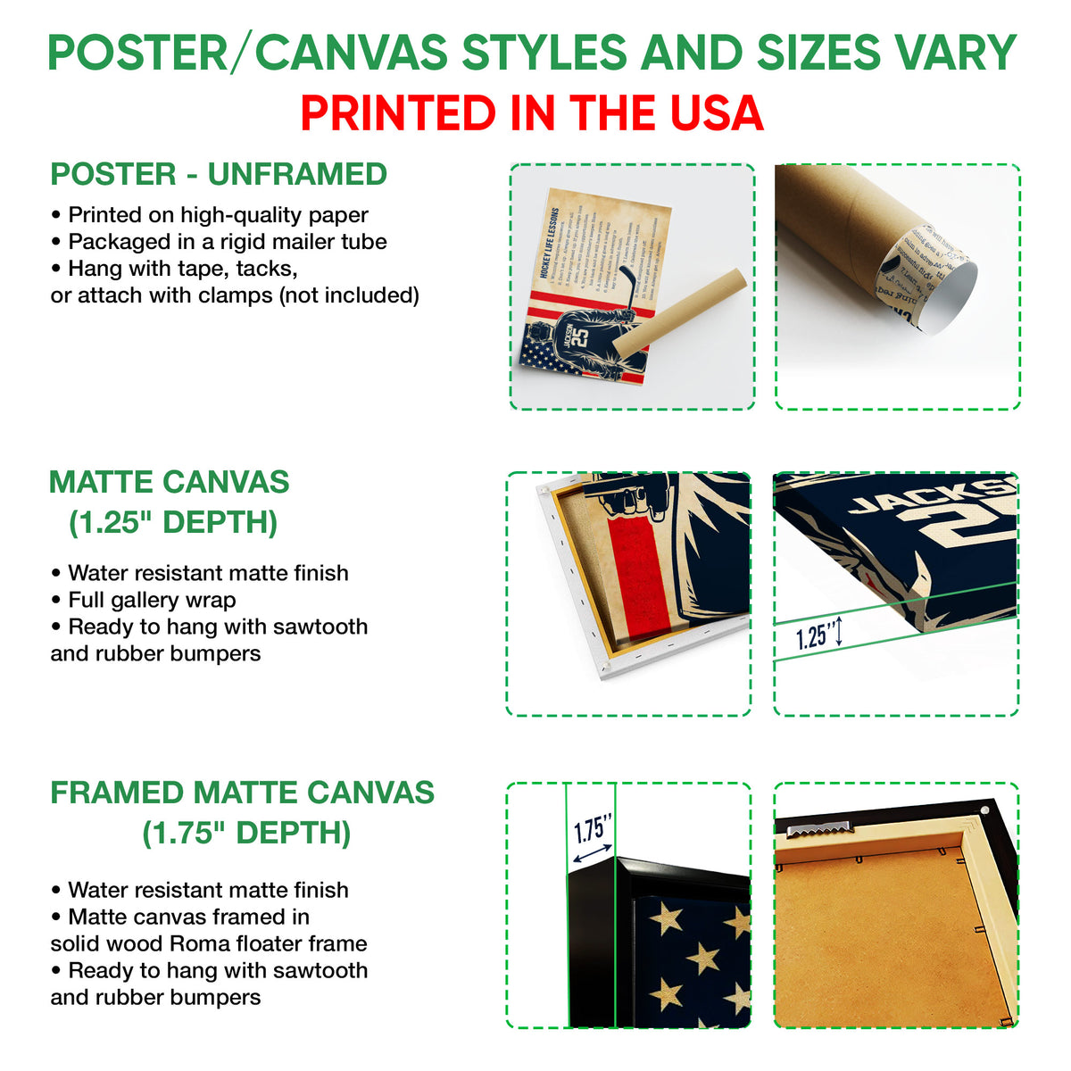 Hockey wall art format guide showing poster, matte canvas, and framed canvas options