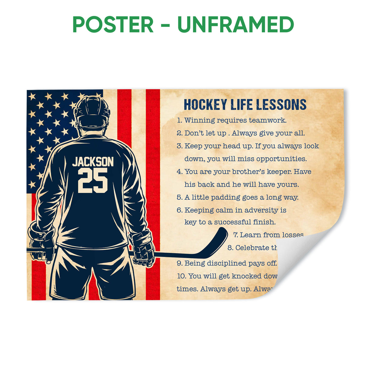 Unframed hockey poster featuring a player with a hockey stick and motivational life lessons