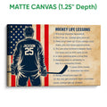 Matte canvas hockey wall art featuring a player silhouette, stick, and vintage patriotic design