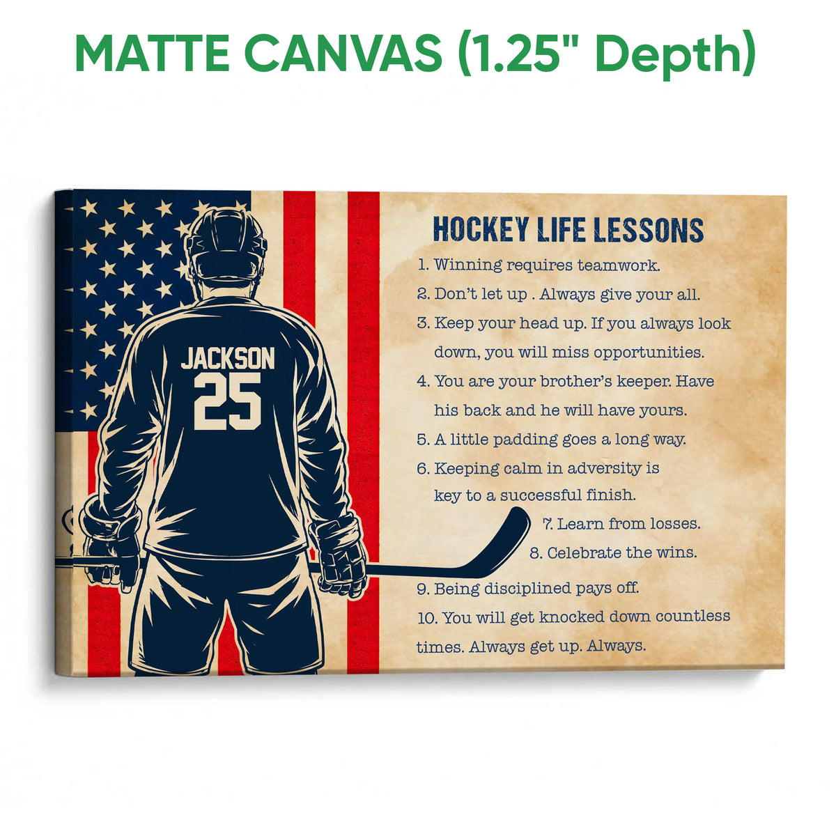 Matte canvas hockey wall art featuring a player silhouette, stick, and vintage patriotic design
