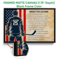 Black framed canvas hockey wall art with a player illustration and motivational lessons