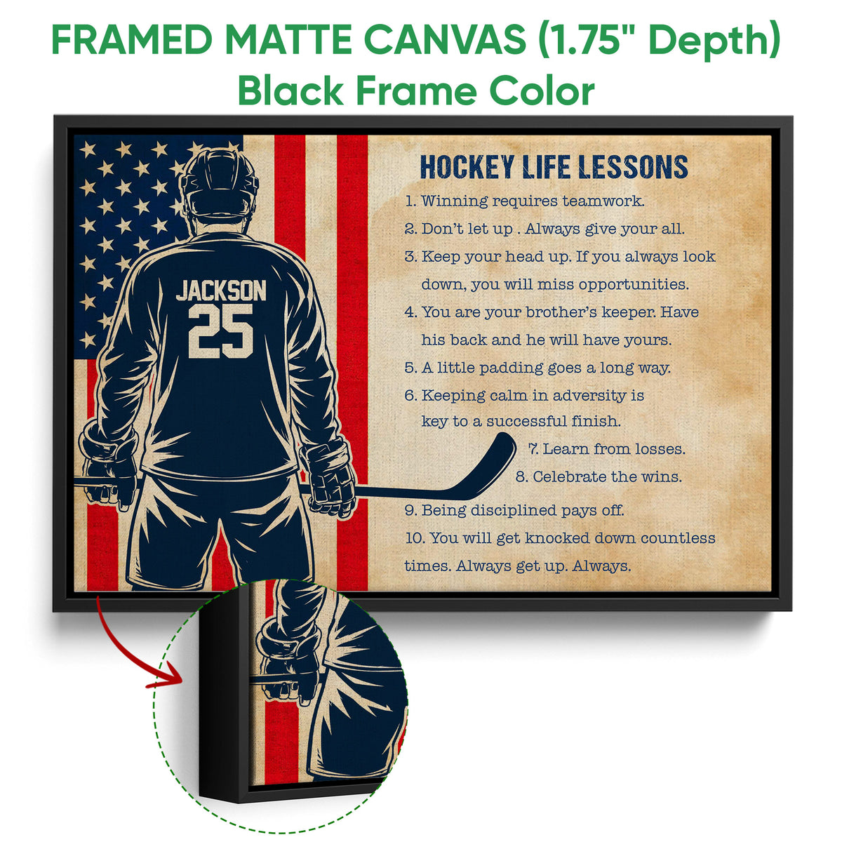Black framed canvas hockey wall art with a player illustration and motivational lessons
