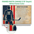 White framed canvas hockey wall art with a player illustration and patriotic red, white, and blue design