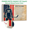 Natural wood framed hockey wall art featuring a player, hockey stick, and vintage-inspired lessons