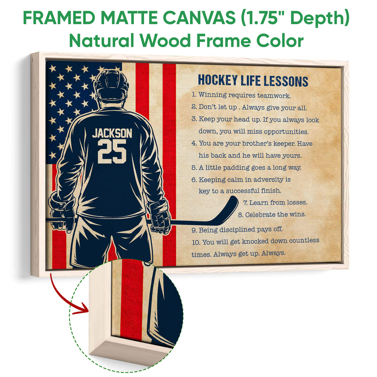 Natural wood framed hockey wall art featuring a player, hockey stick, and vintage-inspired lessons