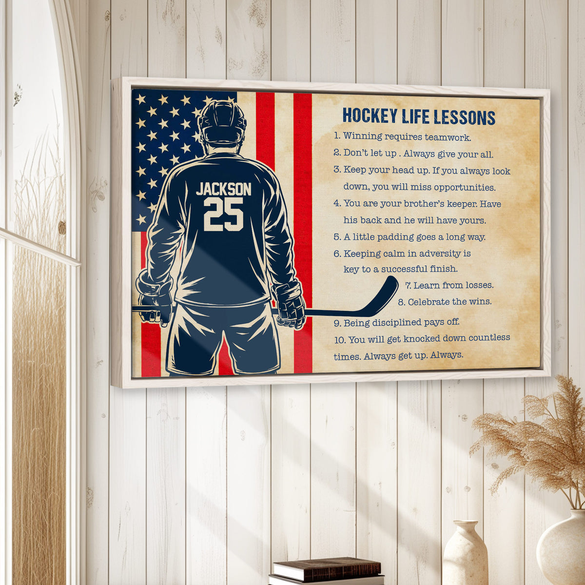 Hockey wall art displayed in a bright room with white wood walls and natural wood framing